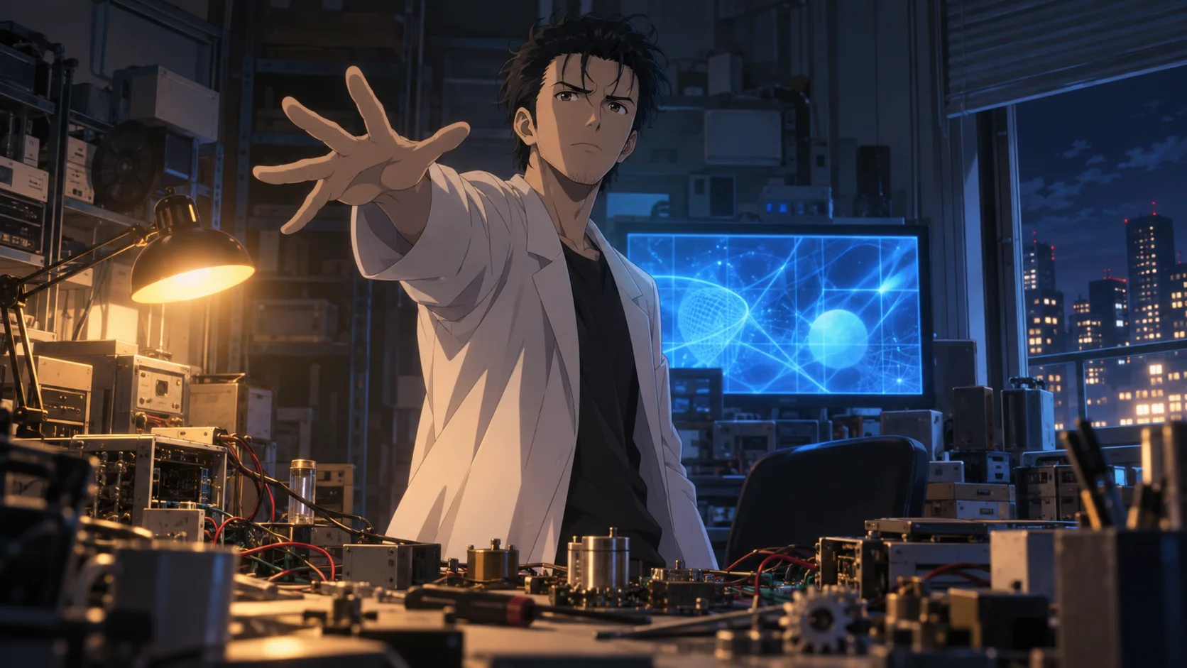 Anime illustration: a dark-haired man in a white lab coat reaches one hand toward the viewer in a cluttered electronics workshop, with a glowing blue screen of swirling lines behind him and a lit city beyond the window.