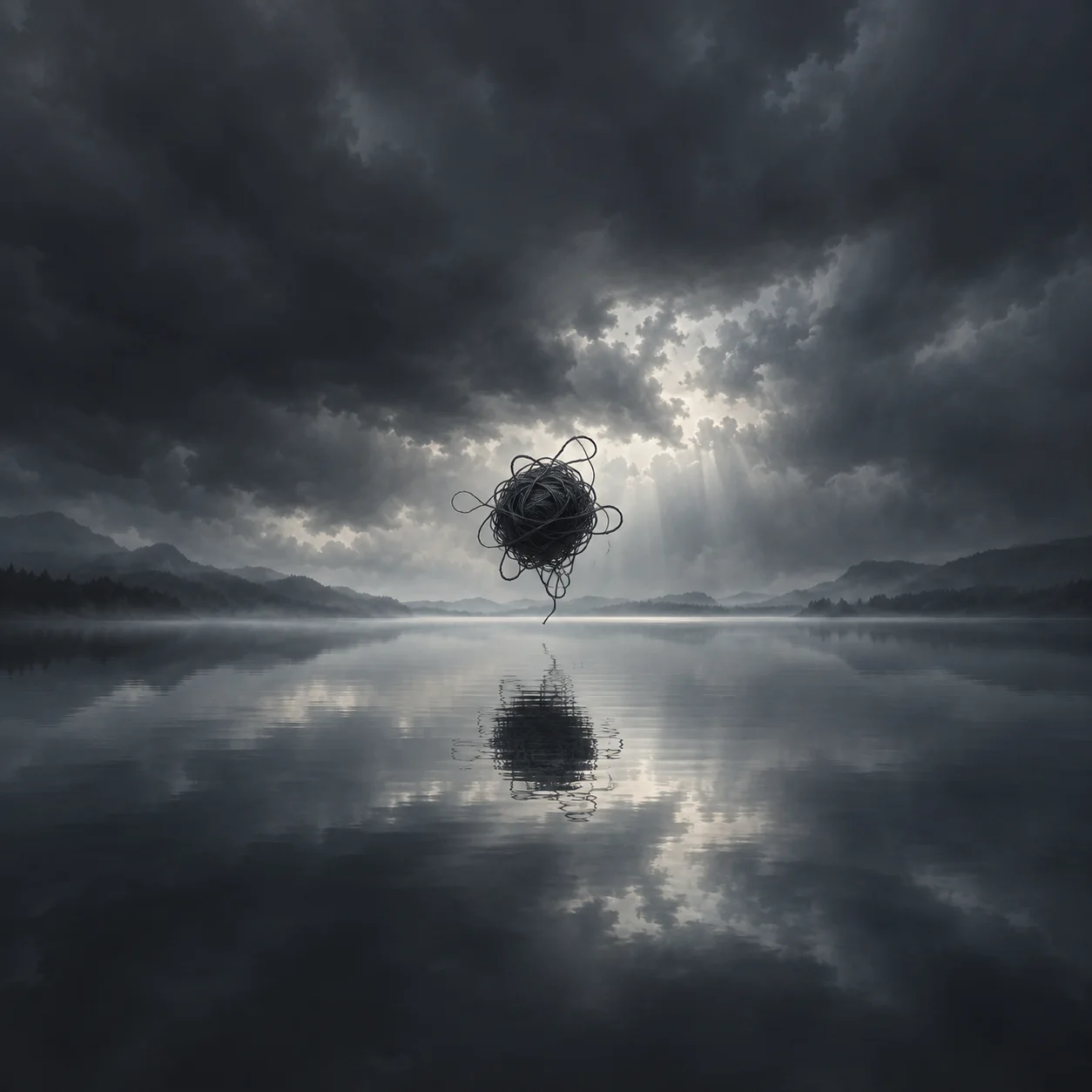 Painterly tangled ball of dark thread floating above a still lake beneath storm clouds.