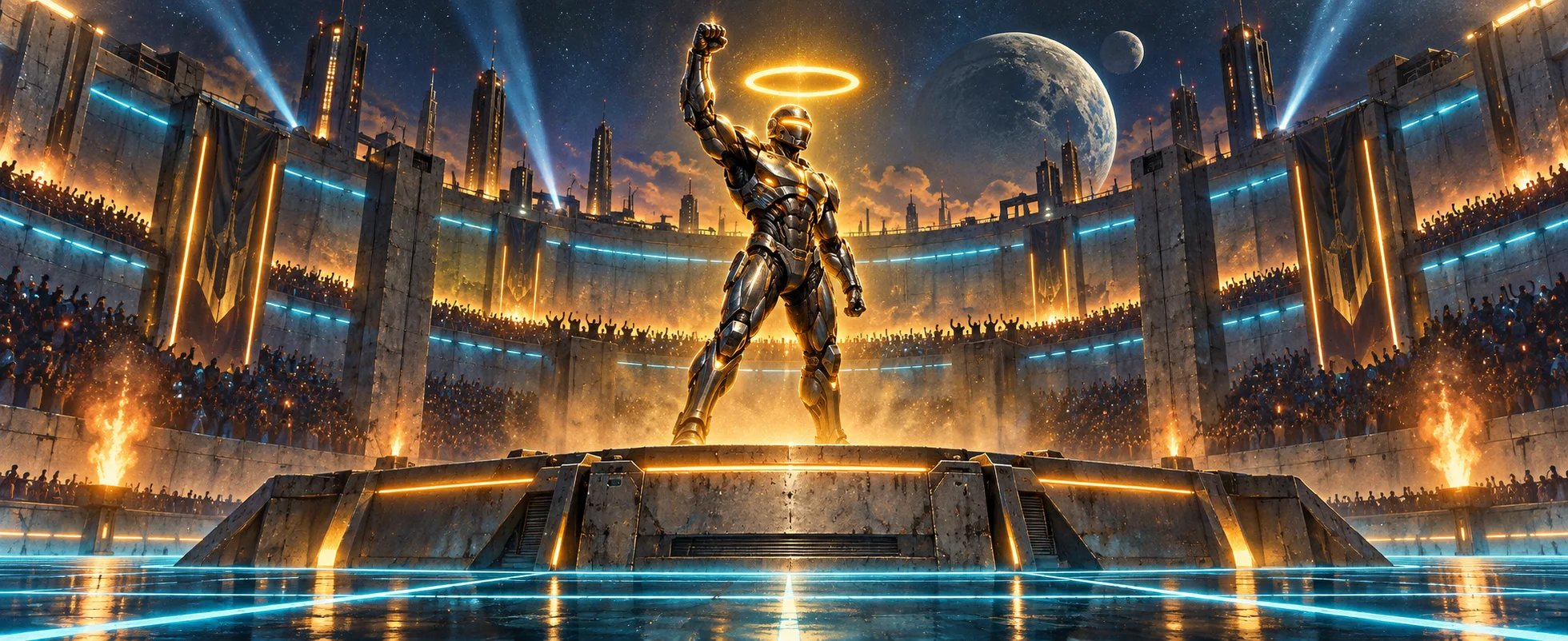 An armoured champion raises a fist on a podium under a golden halo in a roaring futuristic arena.