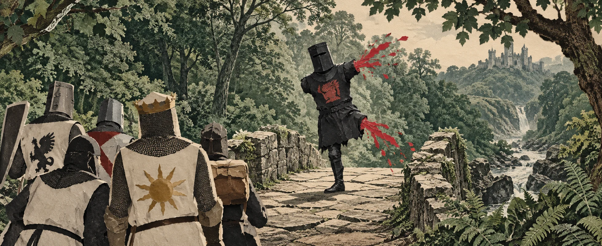 In cut-paper storybook style, knights watch a black-armoured knight missing an arm hop on a forest path by a stream, red paper blood flying.