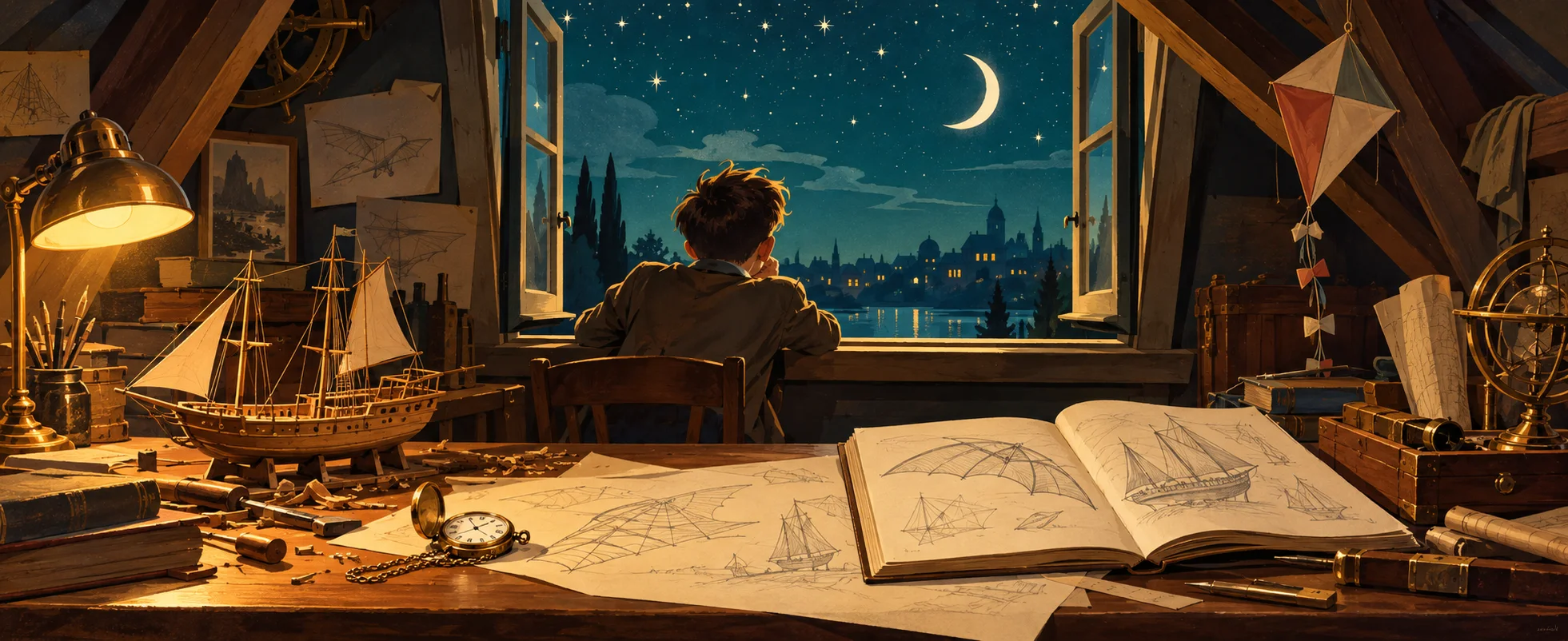 A boy sits at the open window of a lamplit attic full of models, sketches and a kite, gazing at a starry night sky.