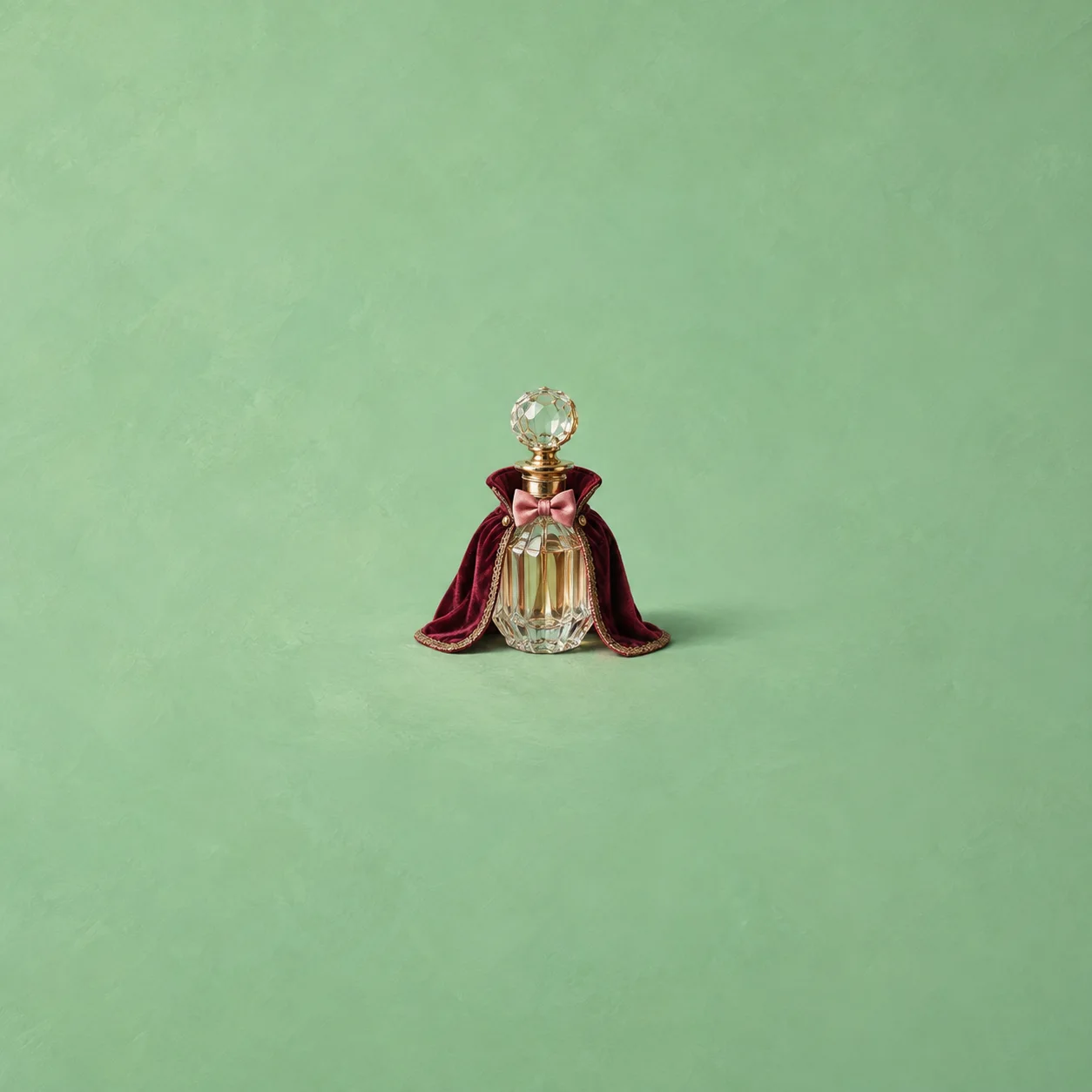 A faceted glass perfume bottle wears a burgundy cape and pink bow tie against mint green.