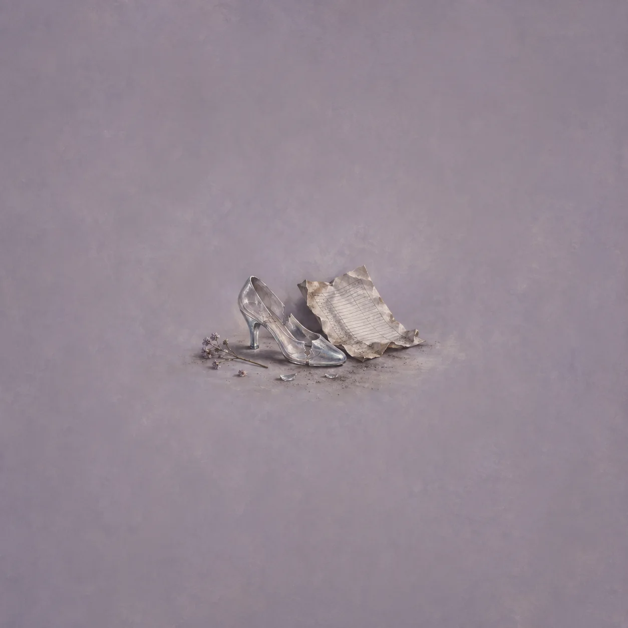 A clear glass slipper rests beside crumpled lined paper and scattered fragments on a pale lavender surface.