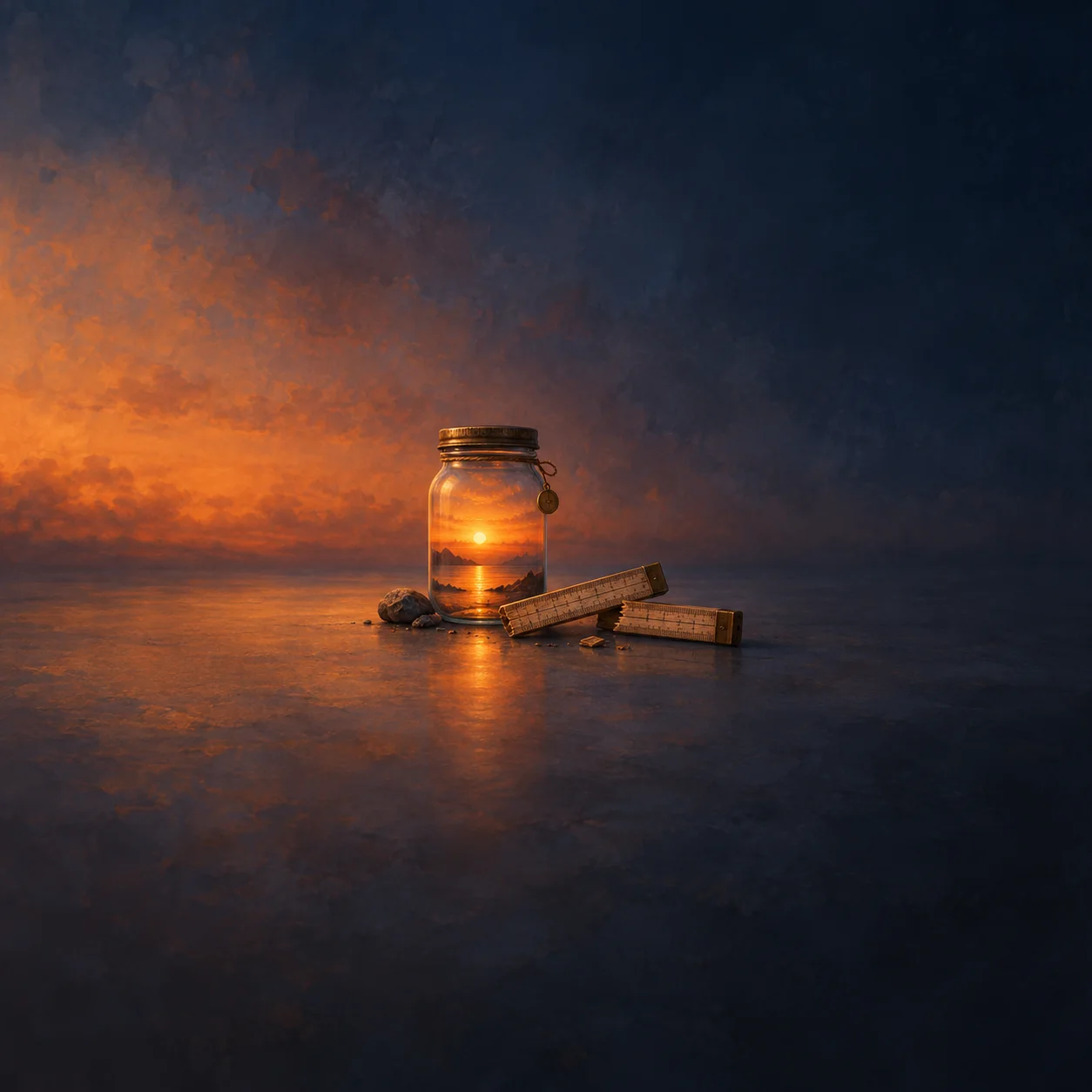 Painterly glass jar glowing with orange sunset light beside broken wooden rulers on deep blue.