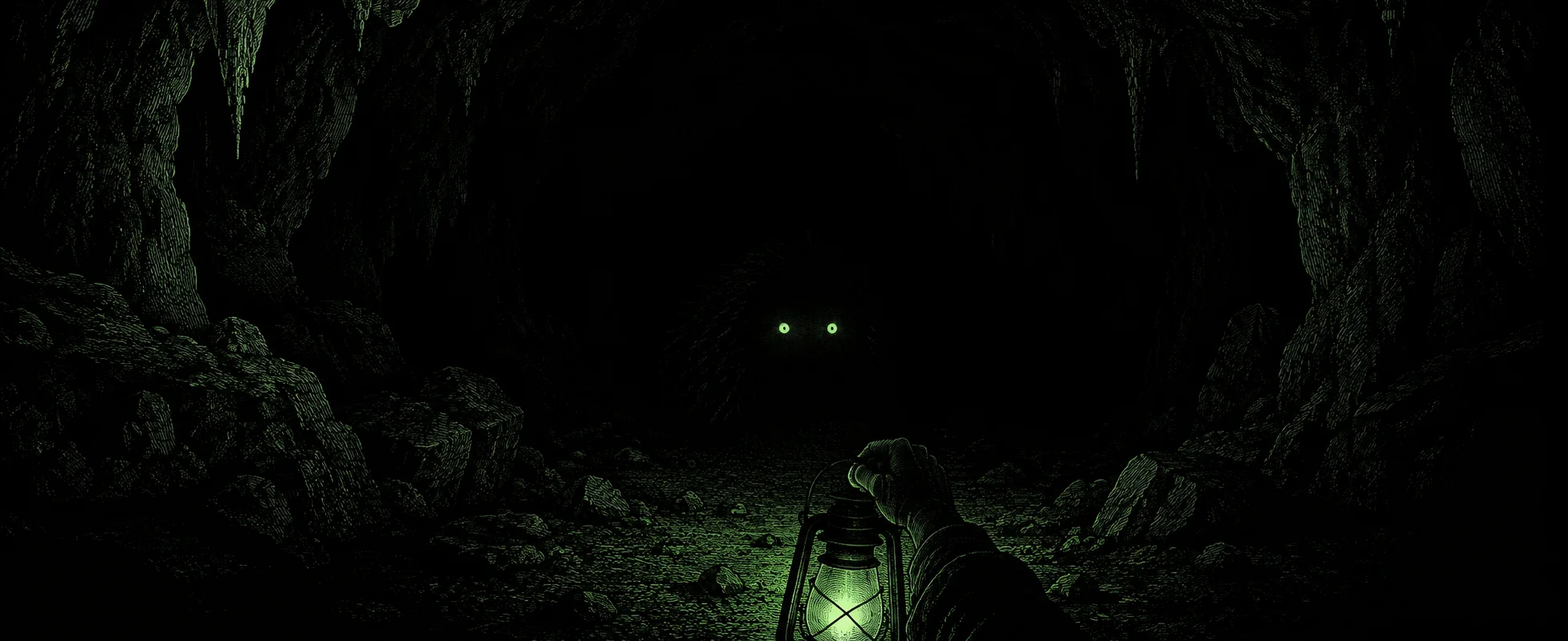 Two glowing eyes peer from total darkness beyond a dim lantern in an underground cave.