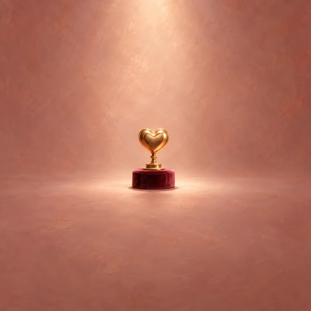 A gold heart-shaped trophy stands on a burgundy velvet base in warm rose-colored light.
