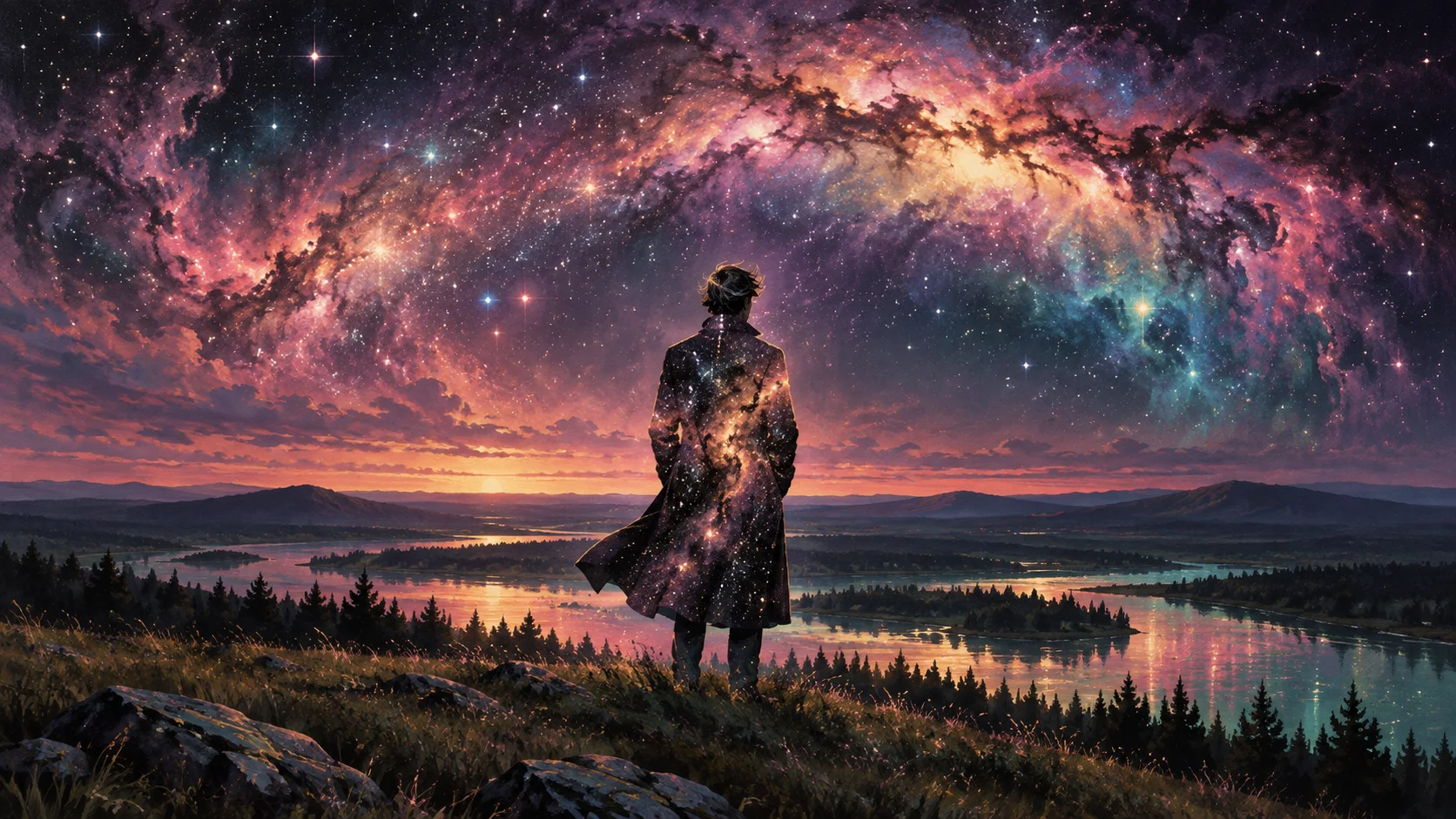 A figure seen from behind stands on a hillside at dusk, its silhouette filled with glowing stardust beneath a vast nebula.