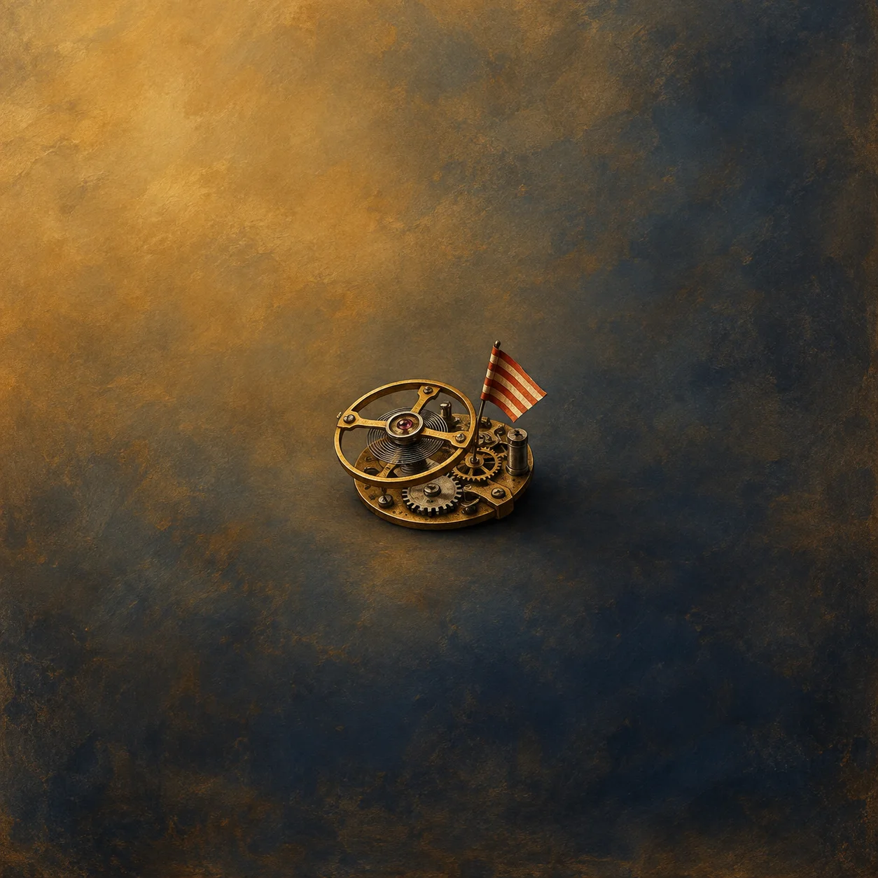 An open brass balance-wheel mechanism with a tiny striped paper flag tucked in its gears on an ochre and navy background.