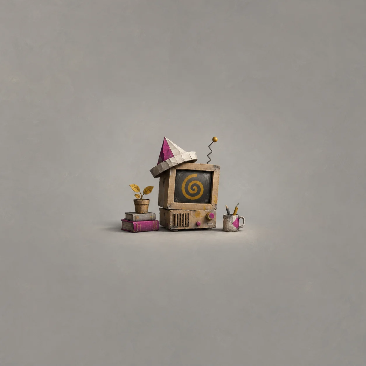 A cardboard computer with a spiral screen wears a paper hat beside books, a small plant and a pencil cup.