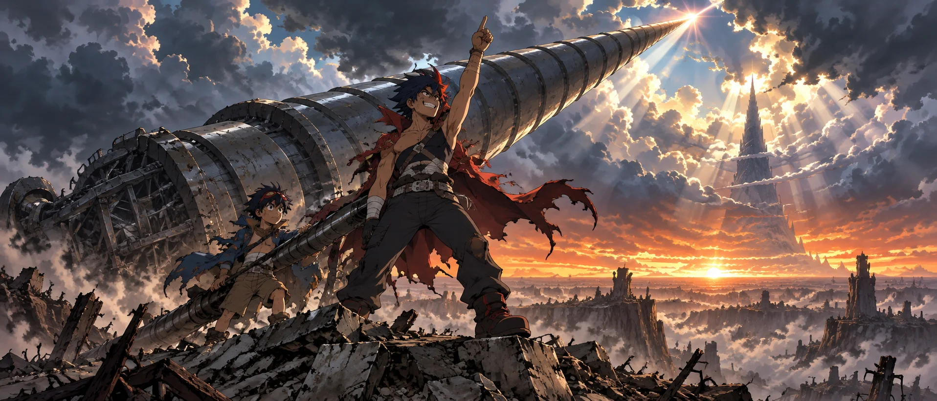 A grinning young man with spiky blue hair and a red cape points to the sky as a smaller boy shoulders a giant drill on a ruined cliff at sunset.