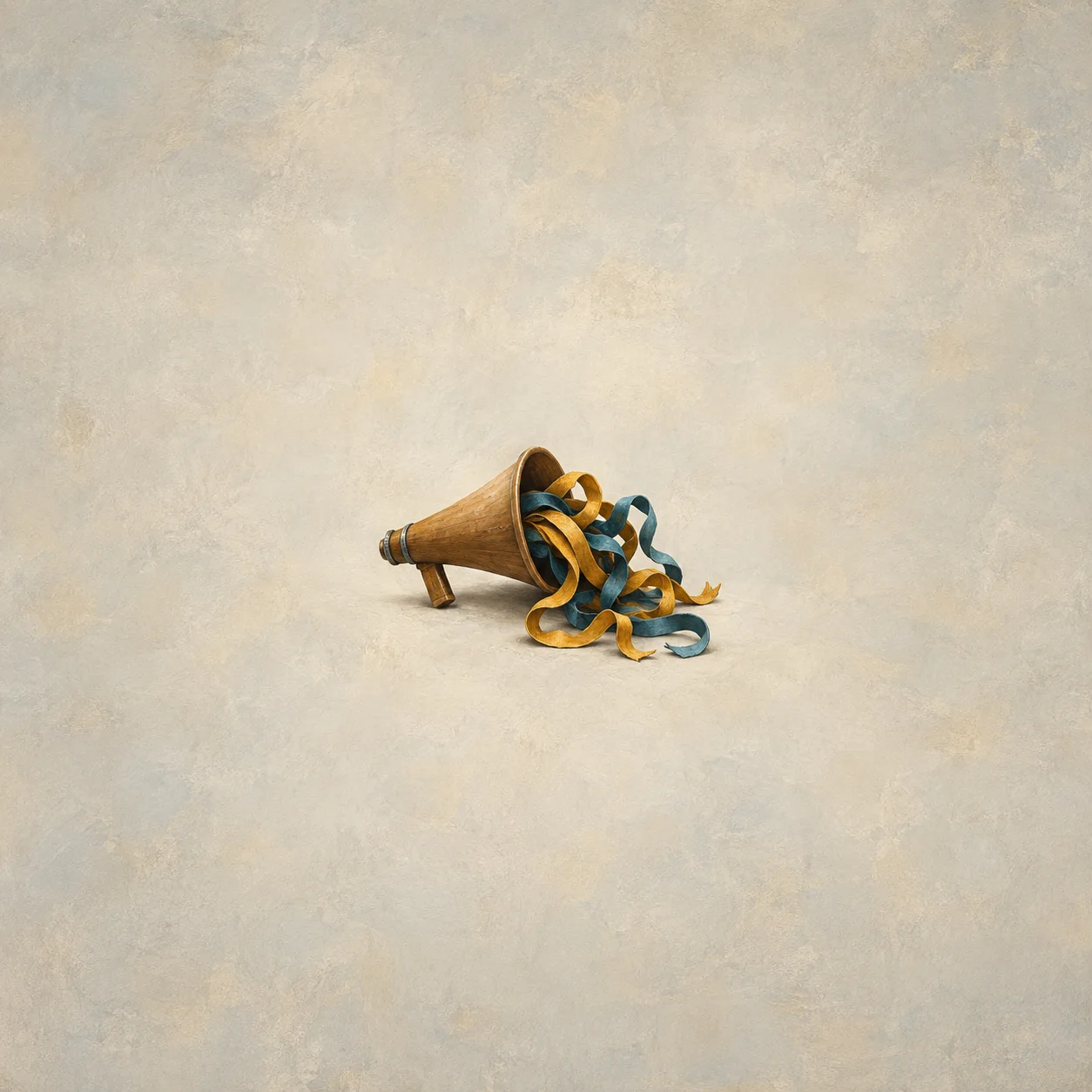 Painterly wooden megaphone spilling tangled gold and teal ribbons on a pale surface.
