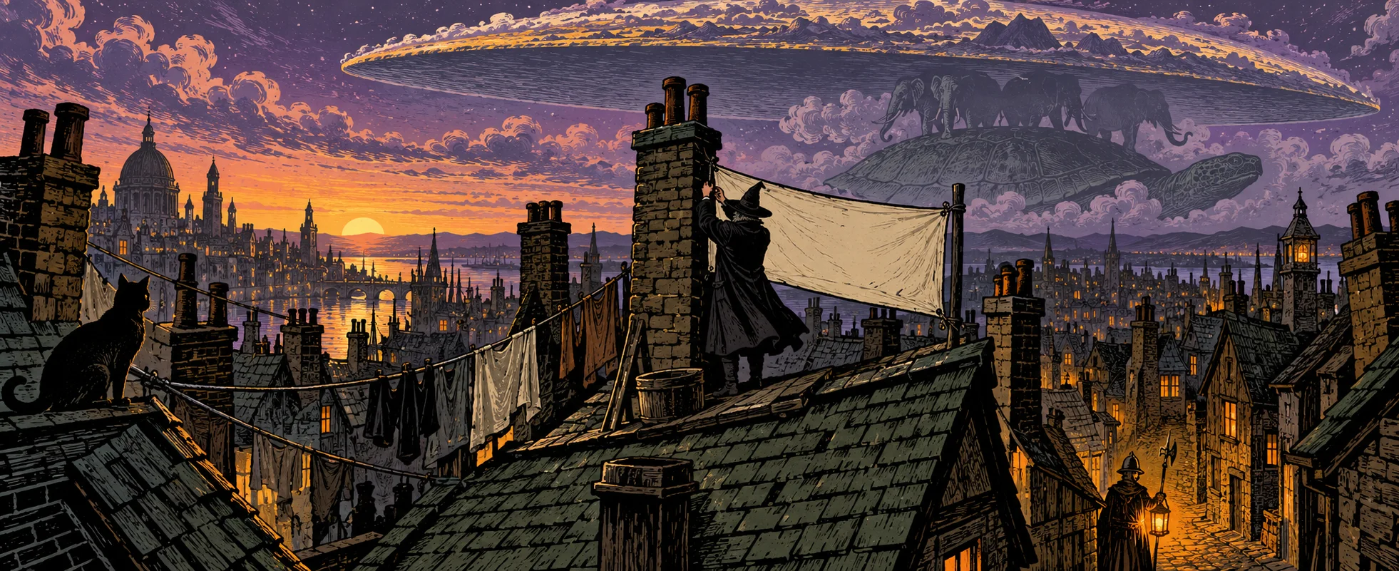 A witch in a pointed hat stands among chimneys on a crooked rooftop of a fantasy city at dusk, the vast shapes of a world-turtle in the sky.