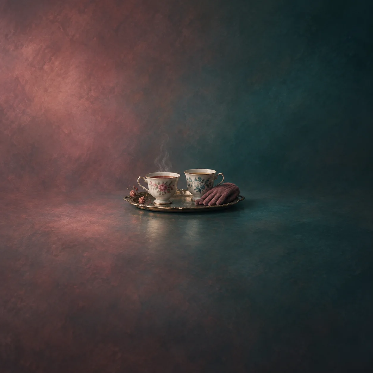 Two floral porcelain teacups on a small silver tray beside a folded mauve glove against a rose-and-teal background.