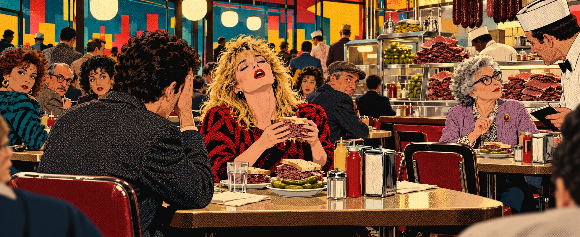In a busy New York deli, a blonde woman performs with her eyes closed while her companion hides his face and an older woman at the next table orders from the waiter.