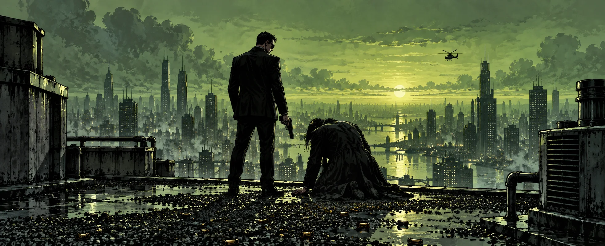 A man in a dark suit stands over a kneeling figure in a black coat on a rooftop at dawn, shell casings on the gravel.
