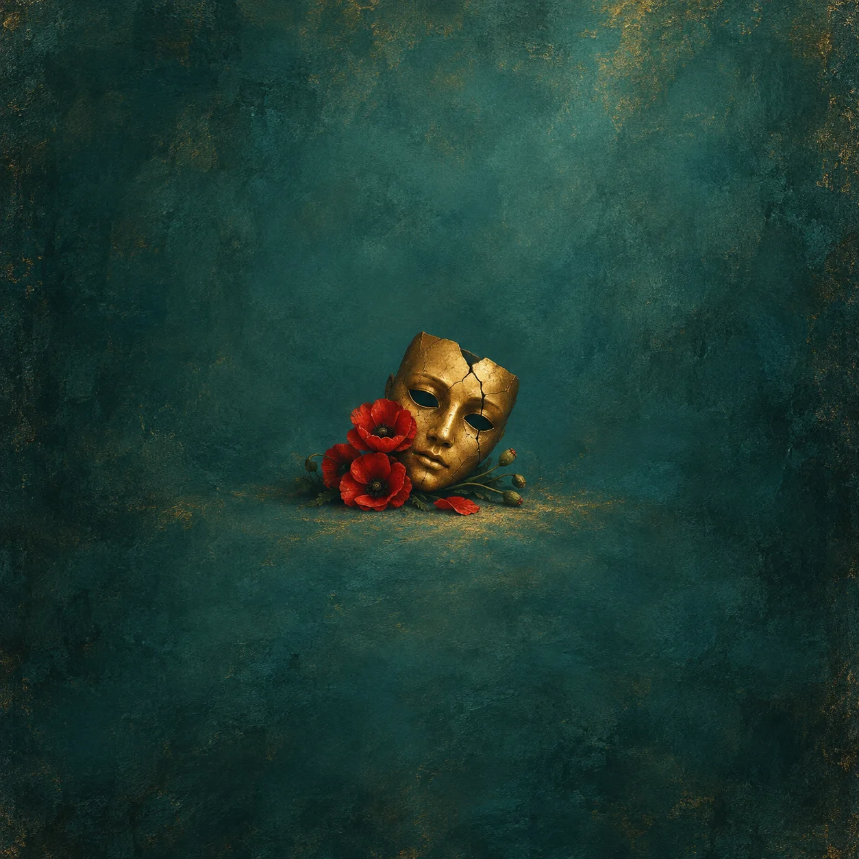 Cracked gold theatrical mask beside a low cluster of red poppies on dark teal
