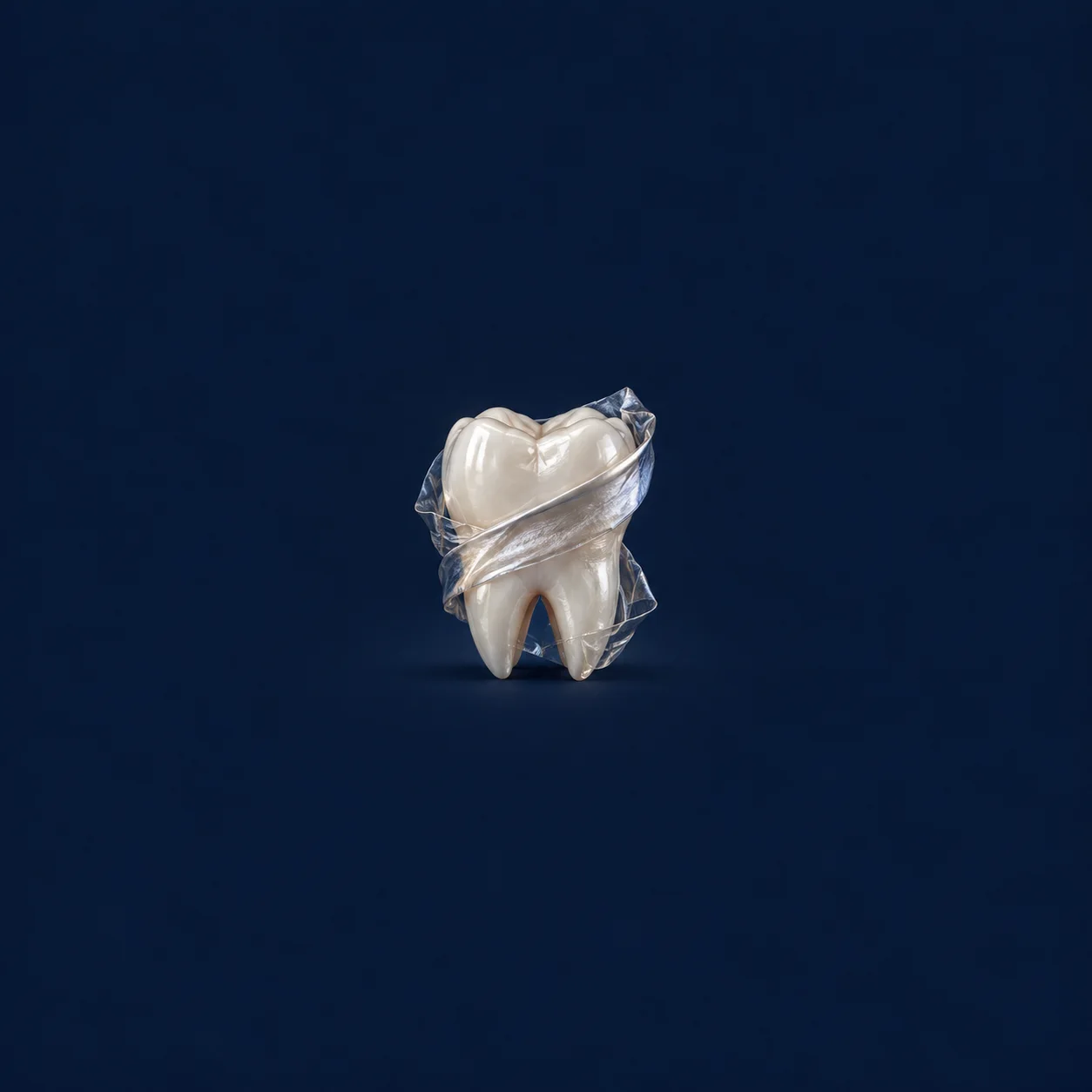 A white tooth model wrapped in a strip of film on a dark navy background.