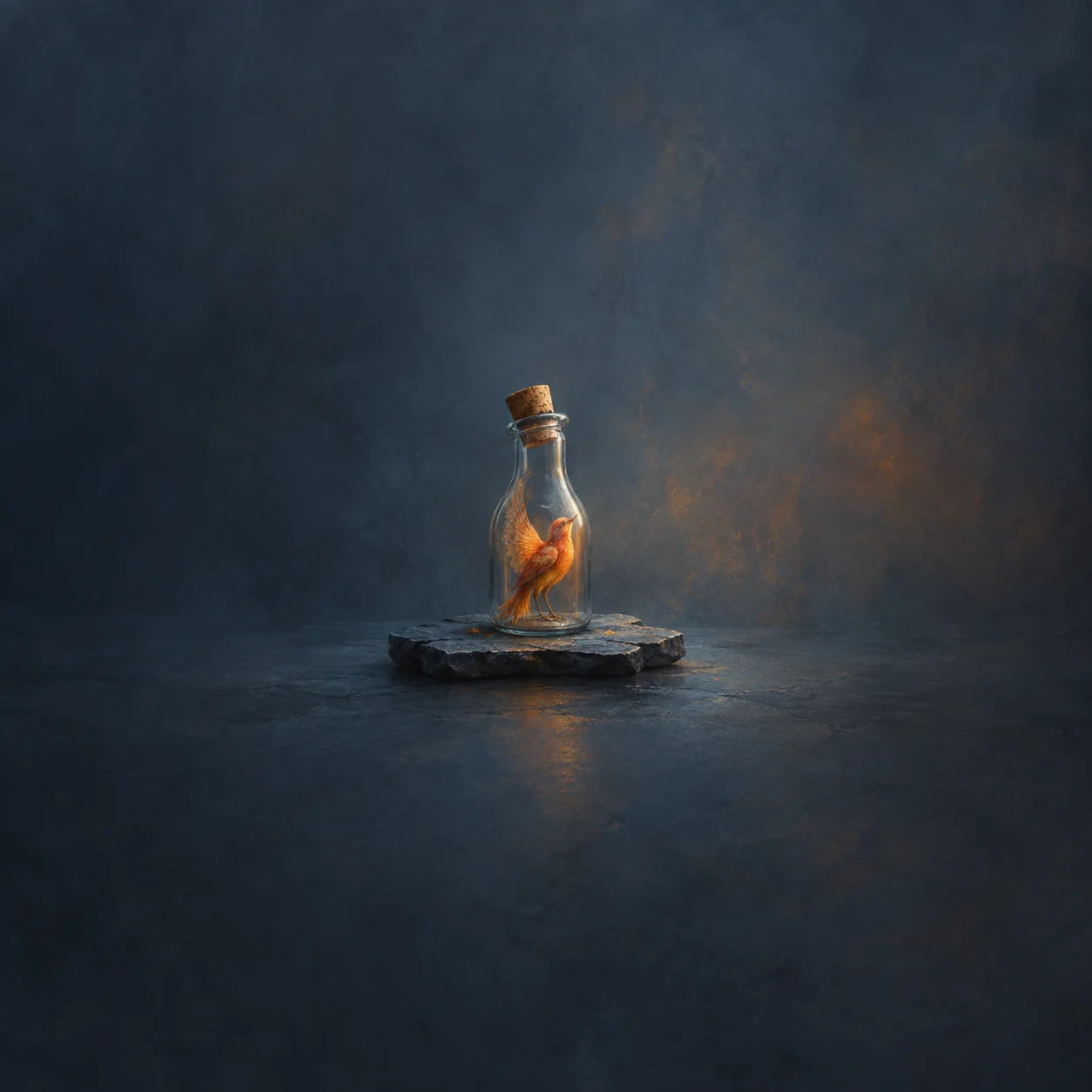 A small orange bird presses against the glass inside a corked bottle resting on slate.