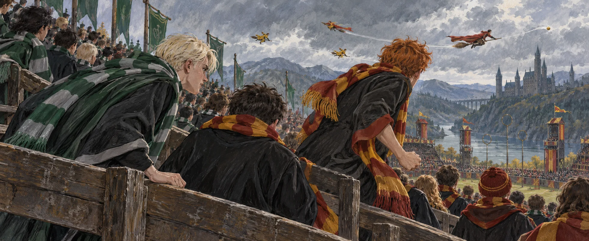 Storybook illustration of a pale-haired boy in green and silver leaning over a Quidditch stand to sneer at a boy in a red-and-gold scarf, while a red-haired boy rises to fight.