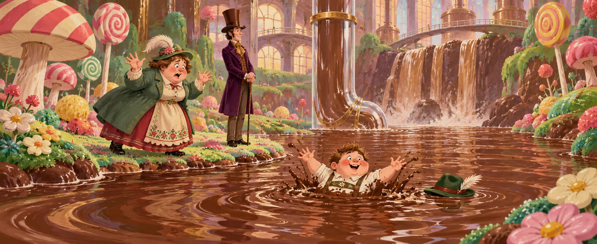 In the candy meadow of the Chocolate Room, a round boy in lederhosen splashes in the chocolate river while his mother panics on the bank and Willy Wonka stands calmly on his cane beside a glass pipe.