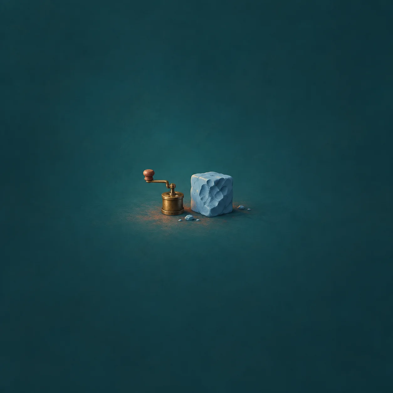A small brass hand-cranked grinder beside an indented blue clay cube against a teal background.
