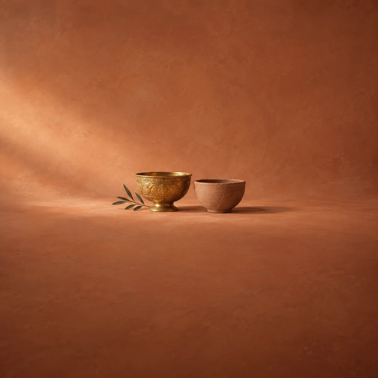 An ornate gold bowl stands beside a plain clay bowl on a warm terracotta surface.