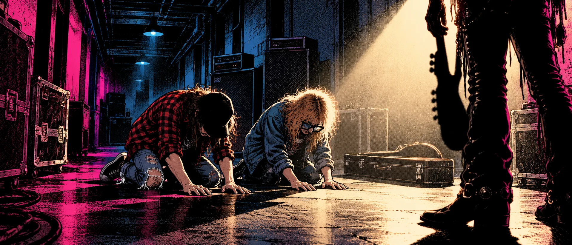 Two young metalheads in flannel and denim kneel and bow on a backstage floor before a rock star in boots holding a guitar.