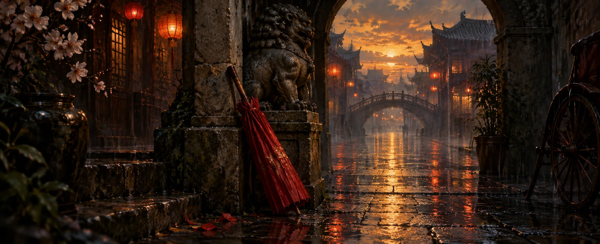 A closed red silk parasol rests beneath an old stone arch beside a rain-filled street at dusk.