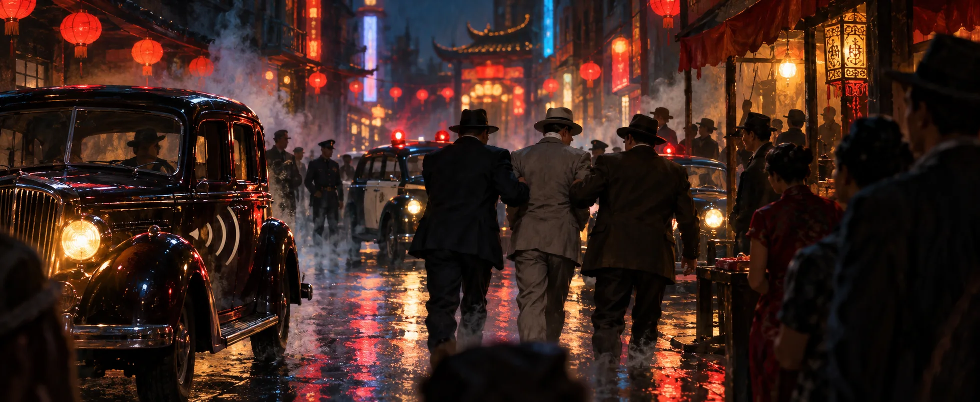 A man in a light suit is steered away by two men through a night street in Chinatown, lanterns, police lights and a stopped car around them.