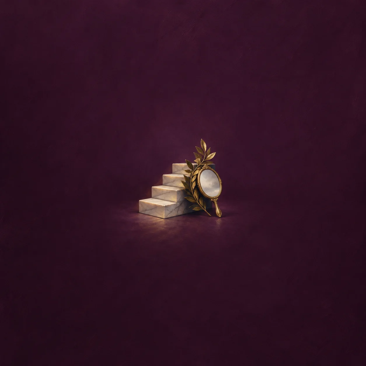 A laurel sprig and a small hand mirror beside white marble steps against a deep plum background.