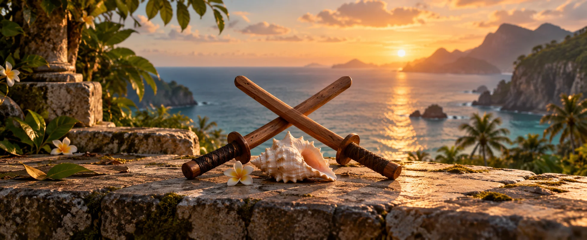 Two small wooden practice swords cross beside an ivory shell on a sunlit tropical stone ledge.