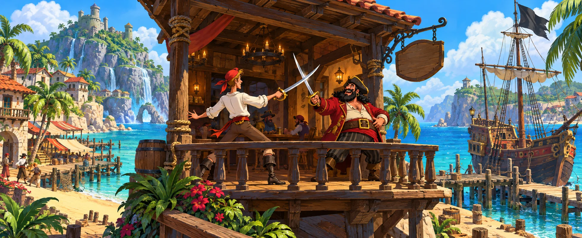 Two pirates cross swords in a playful duel on a tavern balcony above a sunny Caribbean harbour of ships and palm trees.
