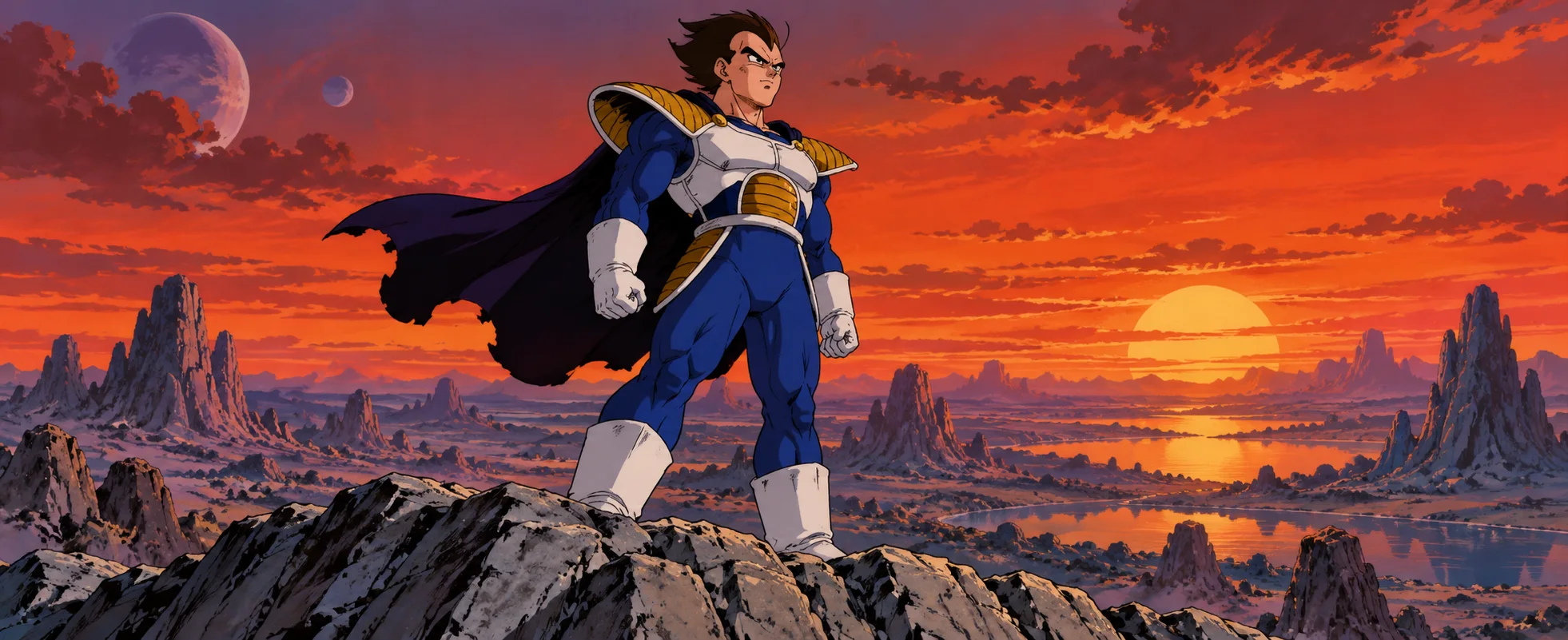 A proud warrior in blue armour and a cape stands on a rocky outcrop under a red sunset sky.
