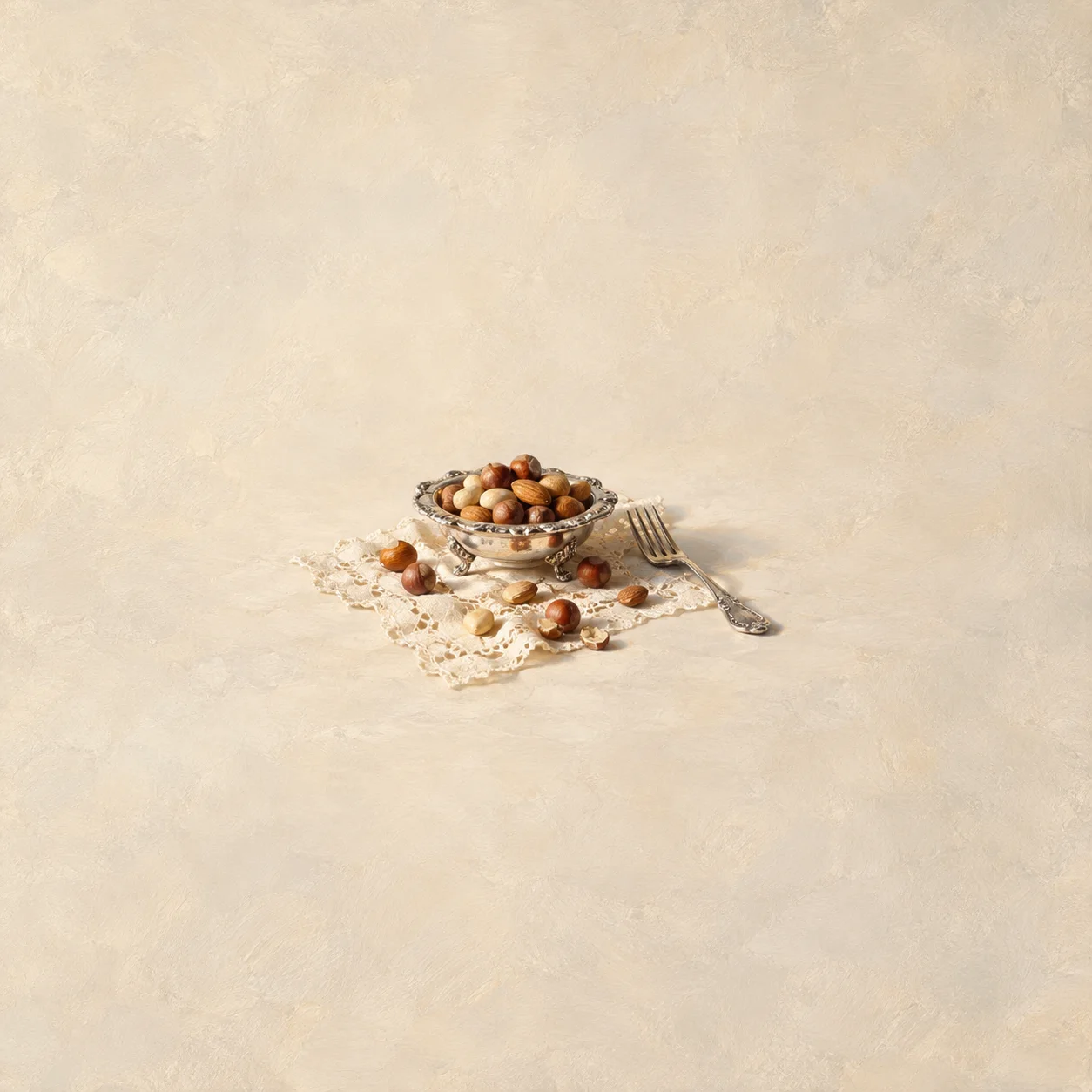 Painterly small silver dish of nuts beside scattered nuts and a fork on lace.