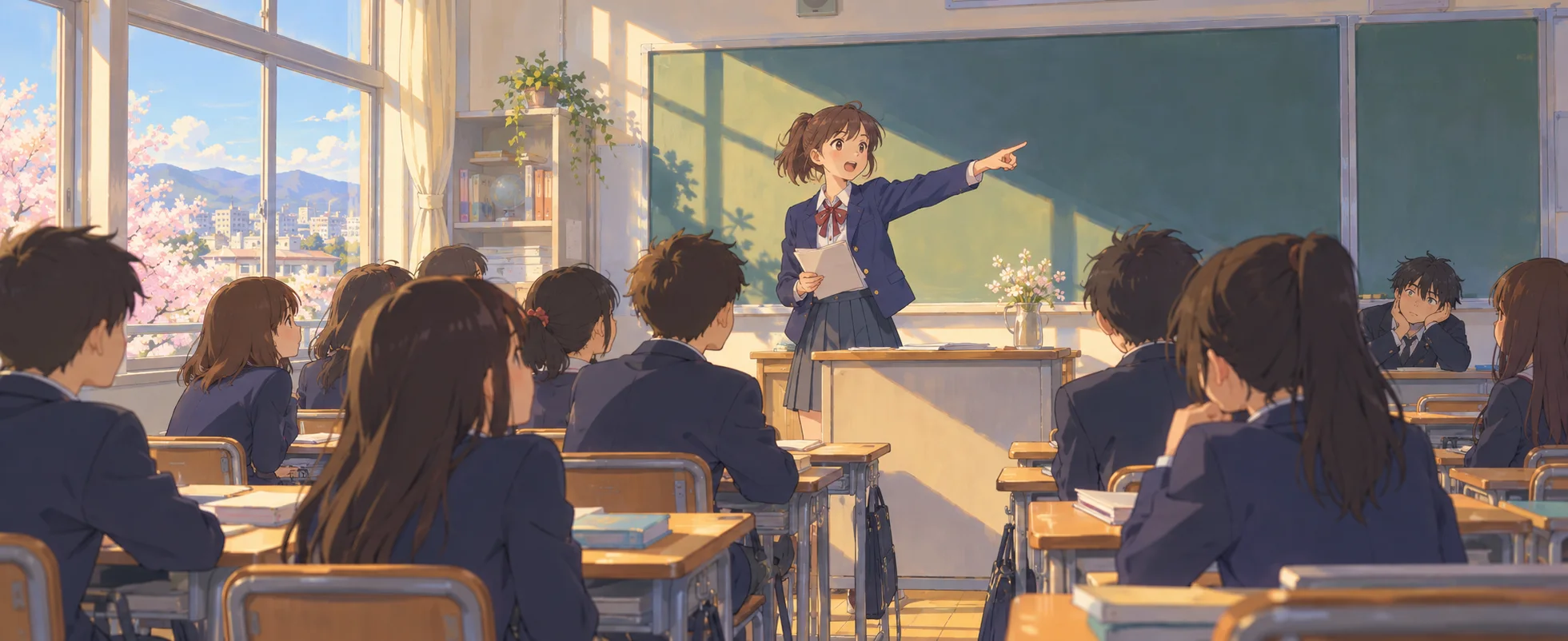 A schoolgirl with a ribbon stands at the front of a sunny classroom, pointing boldly as her classmates stare.