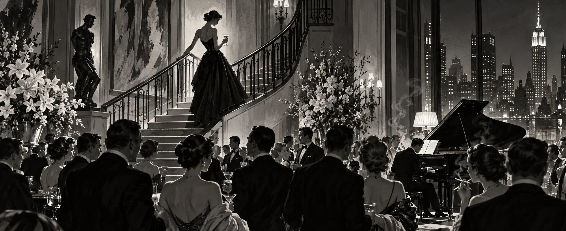 In black and white, a glamorous woman with a martini stands on the staircase above a crowded party in a New York apartment.