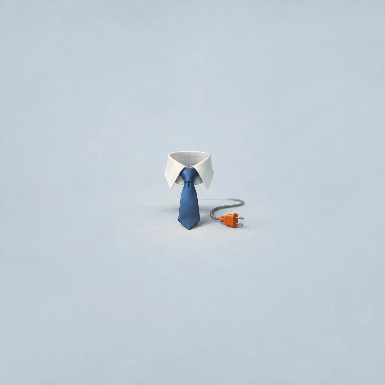 A blue necktie hanging from a white collar beside an unplugged orange plug and gray cord.