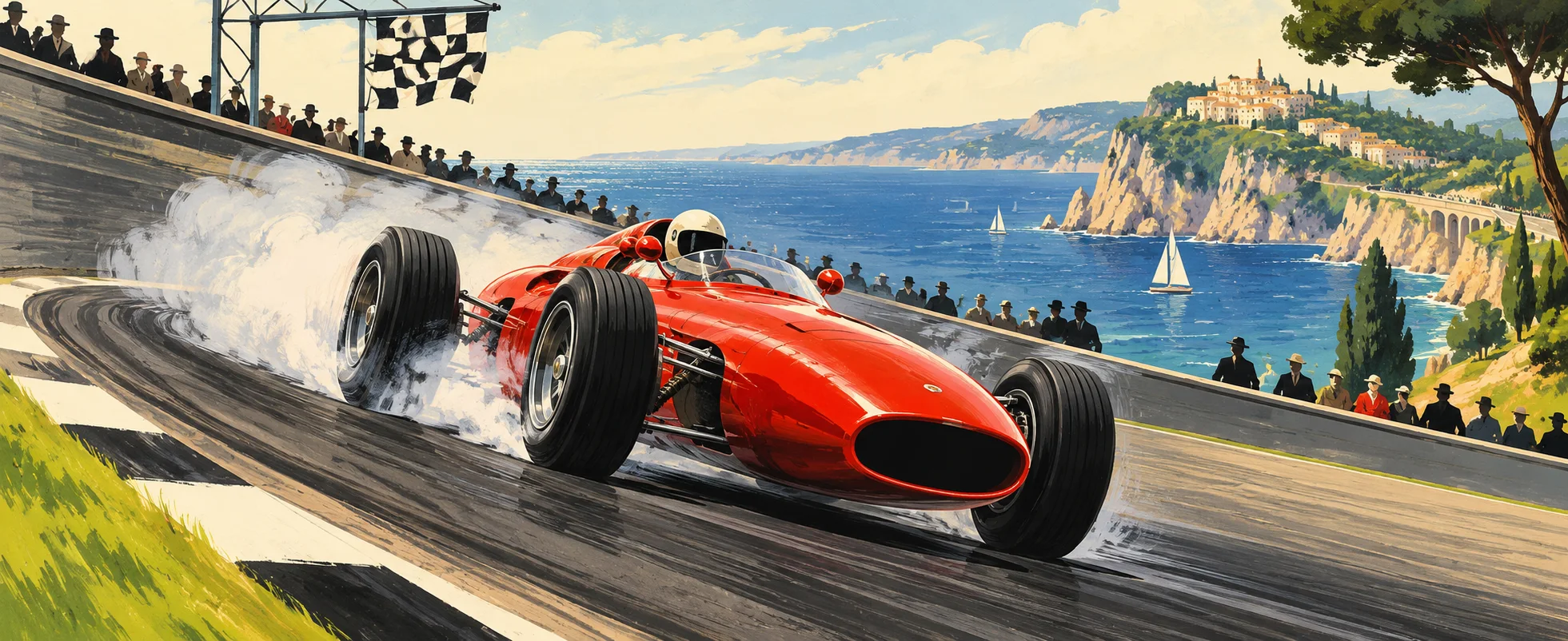 A red open-wheeled race car drifts around a seaside curve in a puff of smoke as crowds cheer.