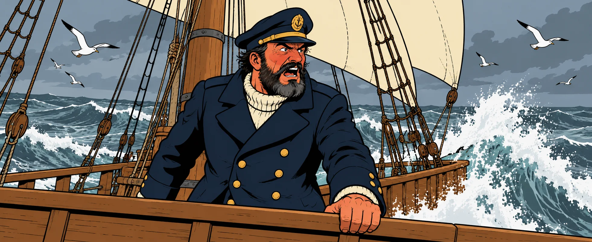 Comic illustration: a bearded sea captain in a navy double-breasted coat and peaked cap grips the rail of a wooden sailing ship, shouting into the wind as huge waves crash and gulls wheel beneath a grey sky.