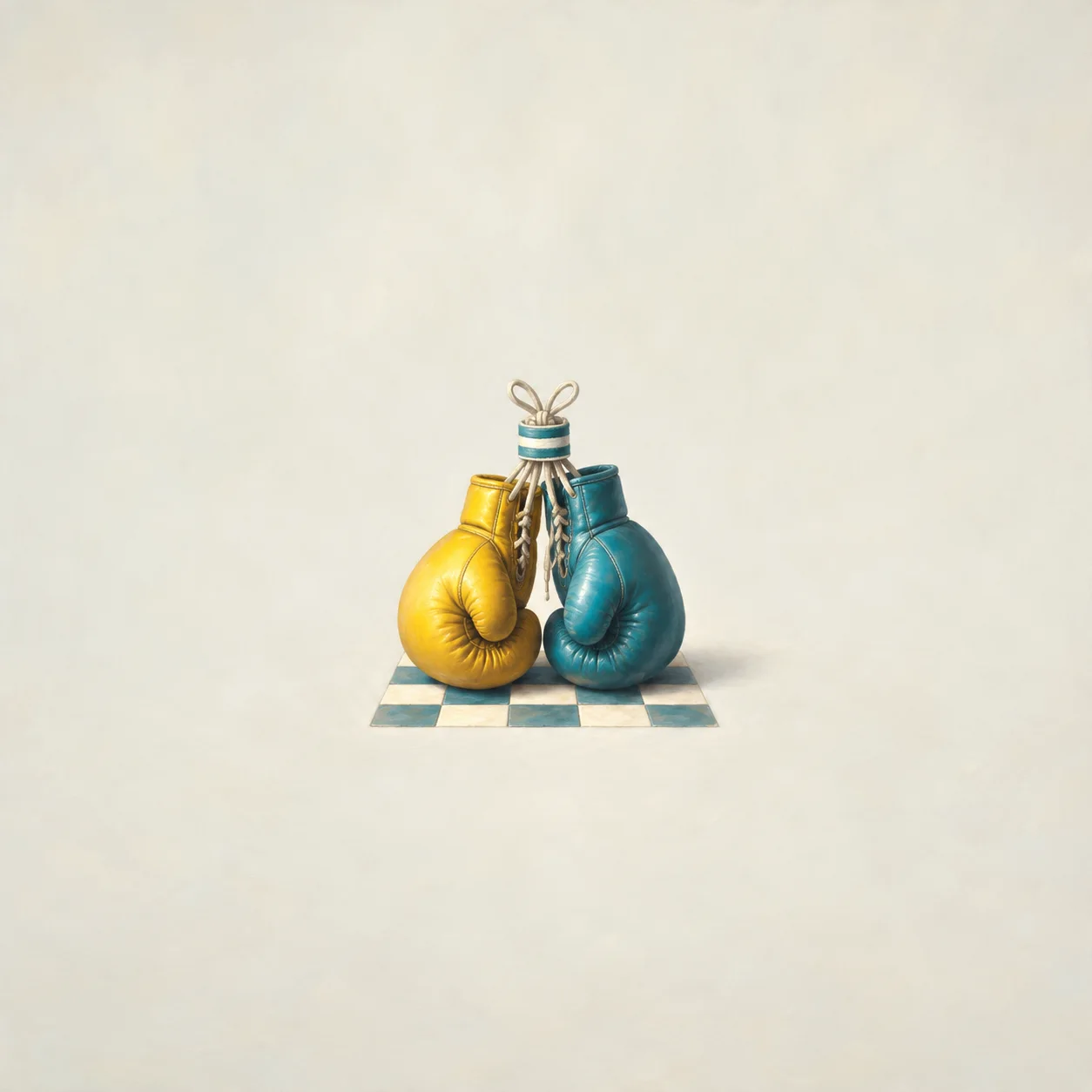 A yellow boxing glove and a teal boxing glove are tied together at their laces on a chequered tile.