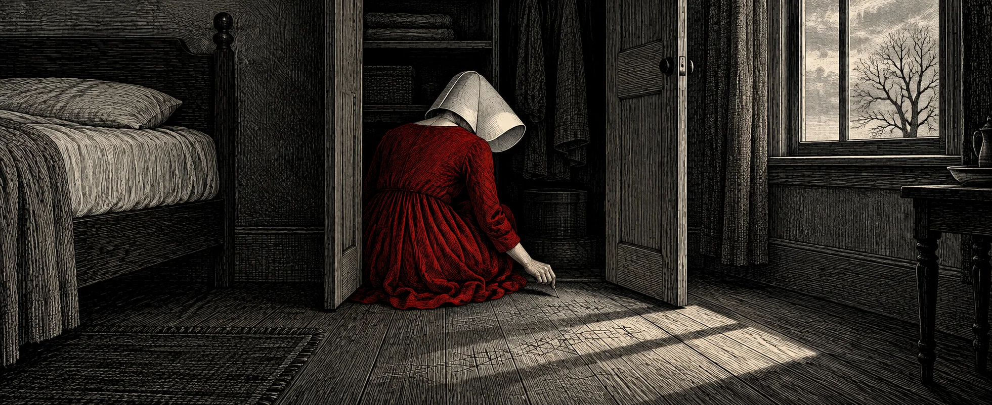A woman in a red dress and white winged bonnet kneels in an open cupboard in a bare bedroom, scratching at the wood floor.