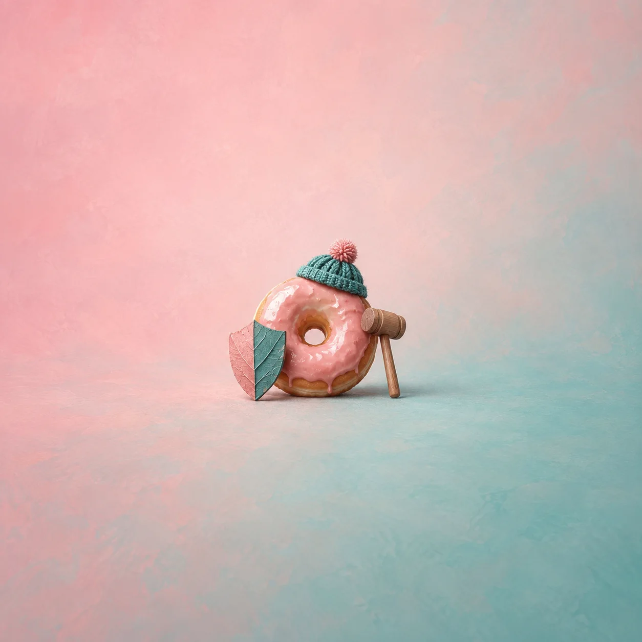 A pink-glazed doughnut wearing a knitted cap stands beside a small wooden mallet and a paper shield.