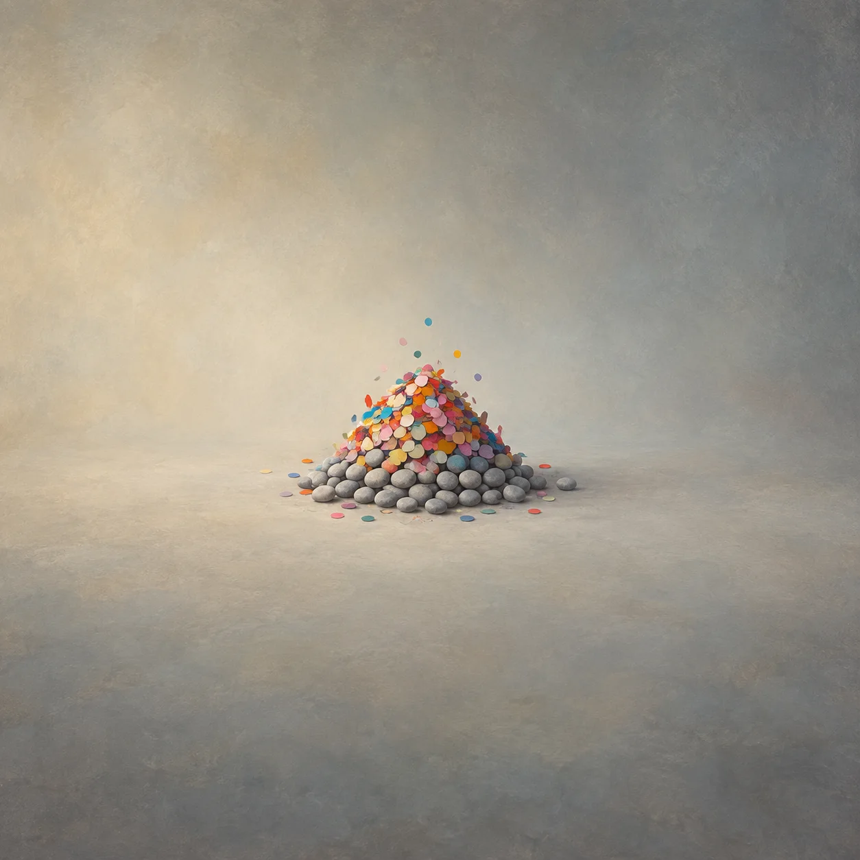 Bright confetti tops a mound of smooth gray pebbles against a pale gray background.