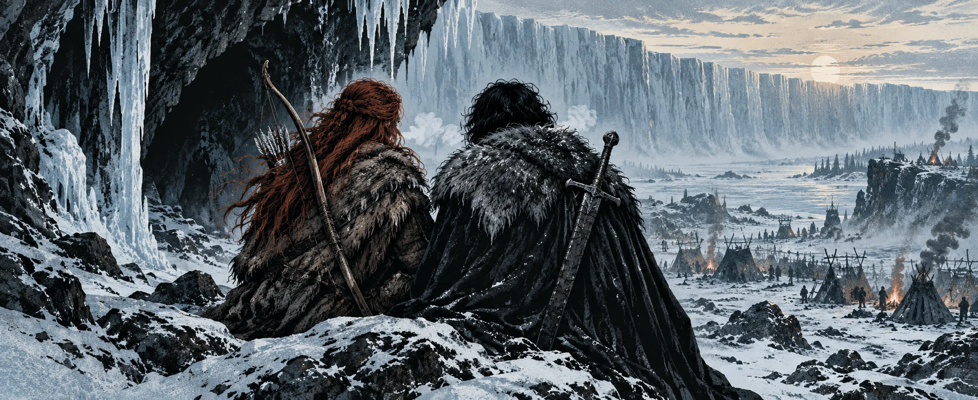 A red-haired wildling woman with a bow sits close to a dark-haired man in a black fur cloak at an icy cave mouth, a frozen camp and a great ice wall beyond.