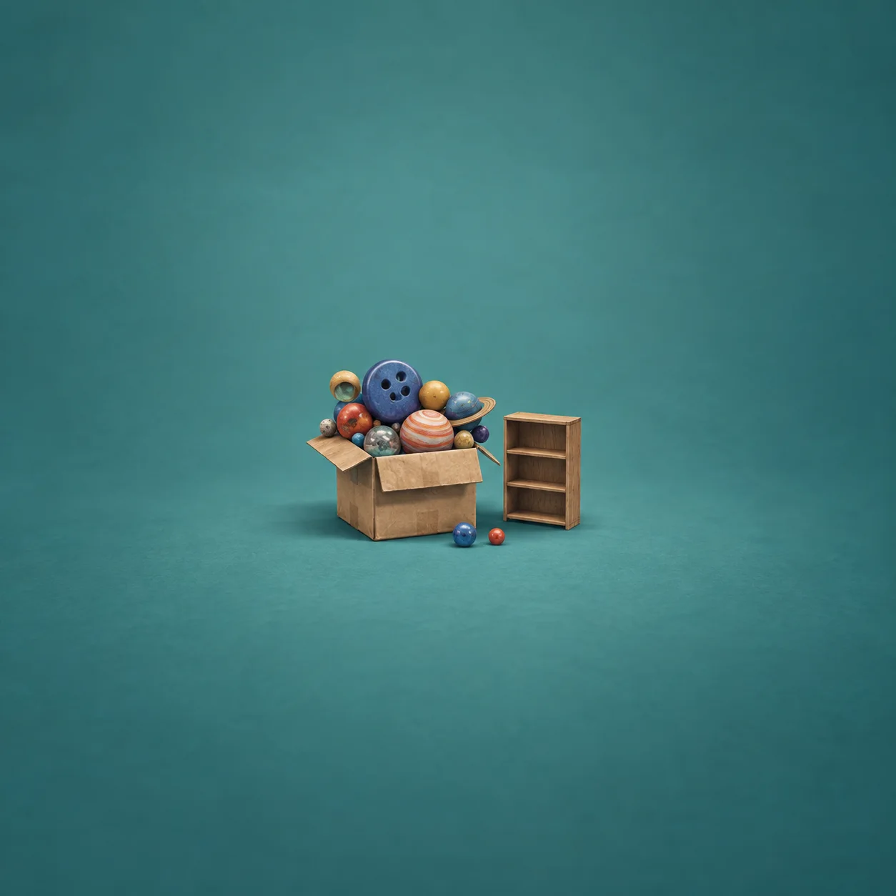 A cardboard box overflowing with colourful button-and-marble planets beside an empty miniature shelf.
