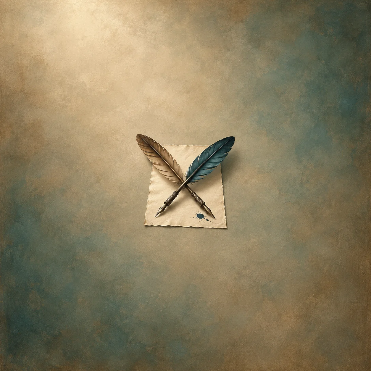 Painterly two crossed feather quills over blank paper with a small ink blot.