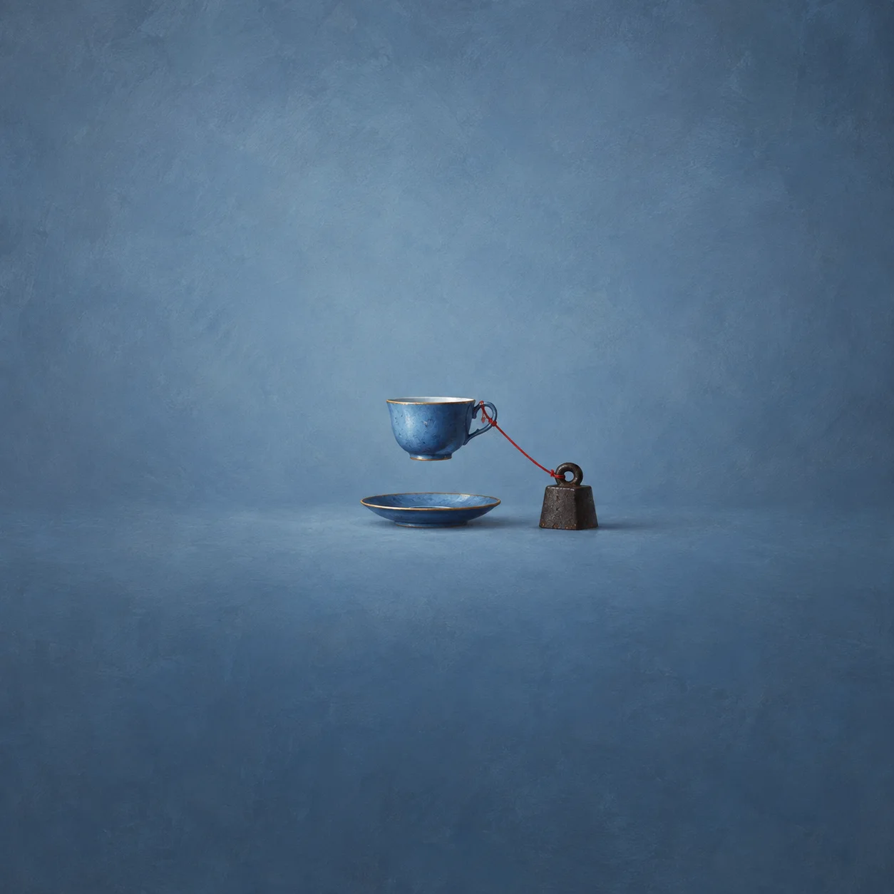 A blue teacup floating above its saucer, tethered by red string to a small iron weight.