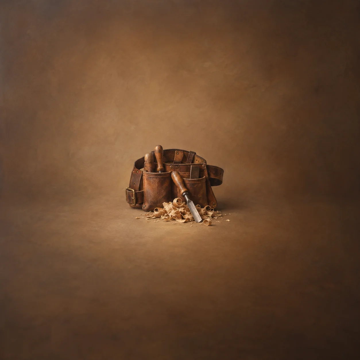 Painterly worn leather tool belt and chisels beside scattered wood shavings.