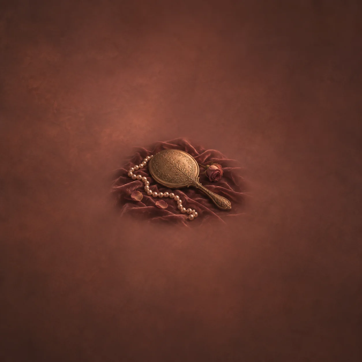 An ornate hand mirror lies face-down beside a strand of pearls on folded reddish velvet.
