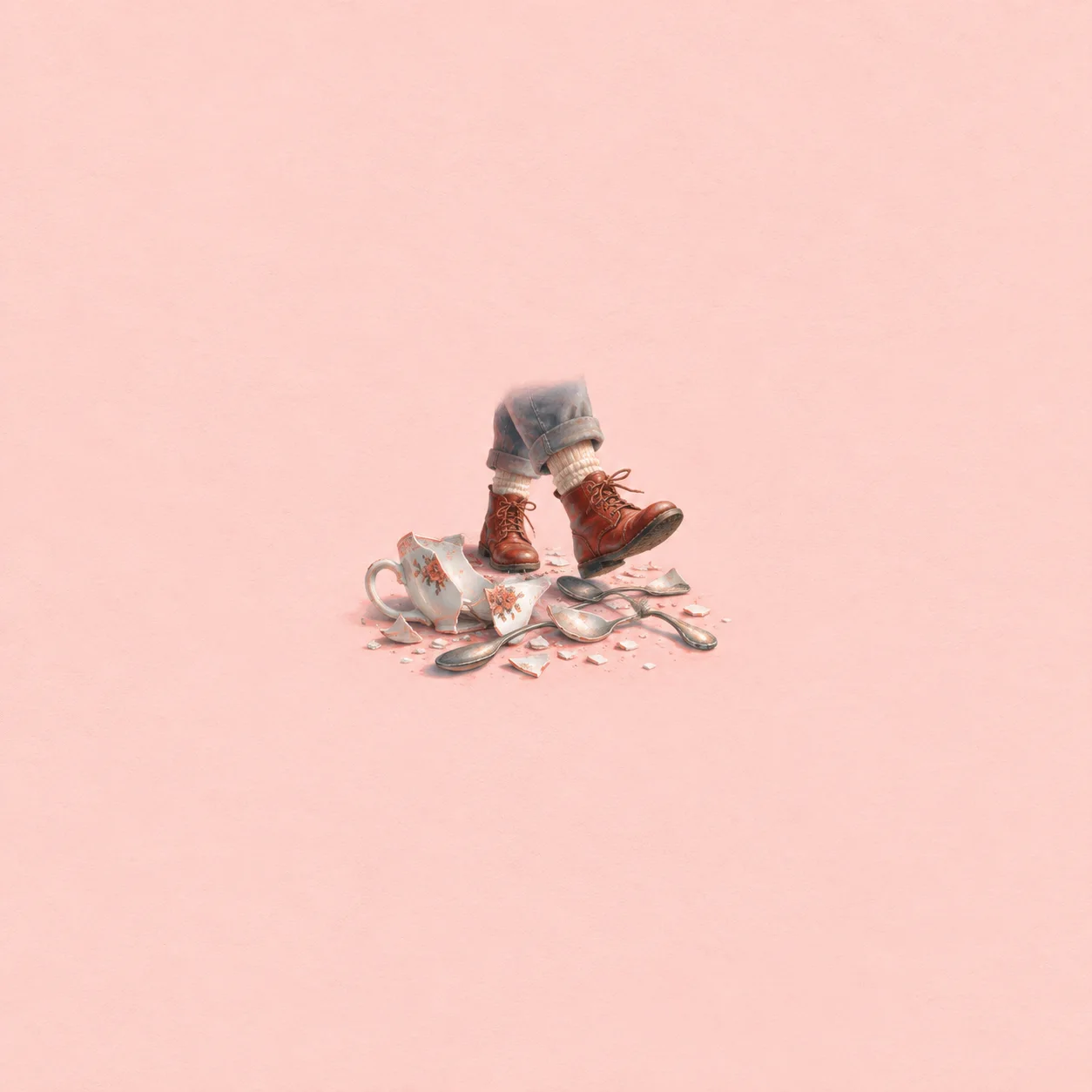 A pair of small leather boots stepping over broken teacup pieces and bent spoons on a pink background.